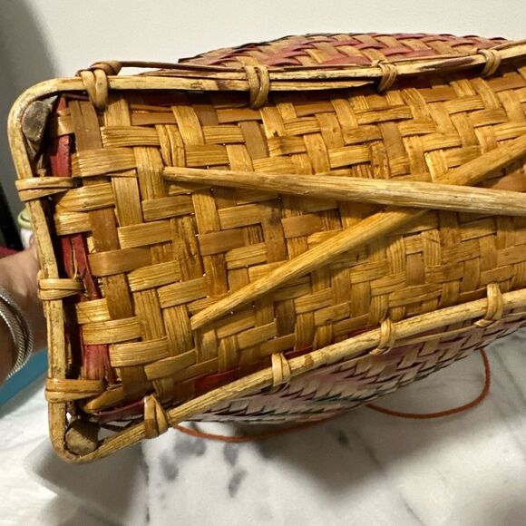 Antique Laotian gathering Woven Basket with Red and Black Pattern - Picture 8 of 16